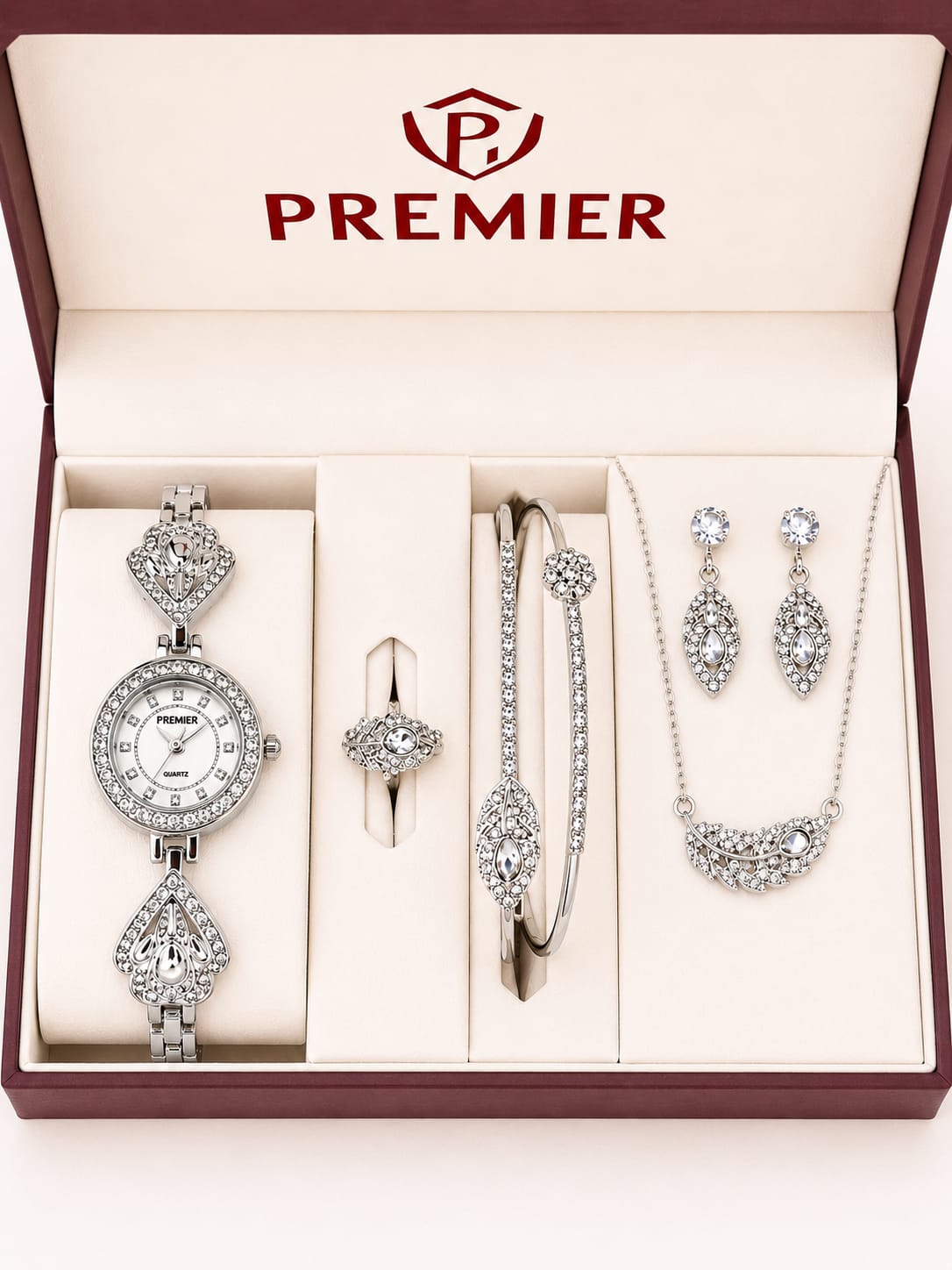 Premier Luxury Women's Watch & Jewelry Gift Set – Silver Crystal Watch, Bracelet, Ring, Necklace & Earrings Set