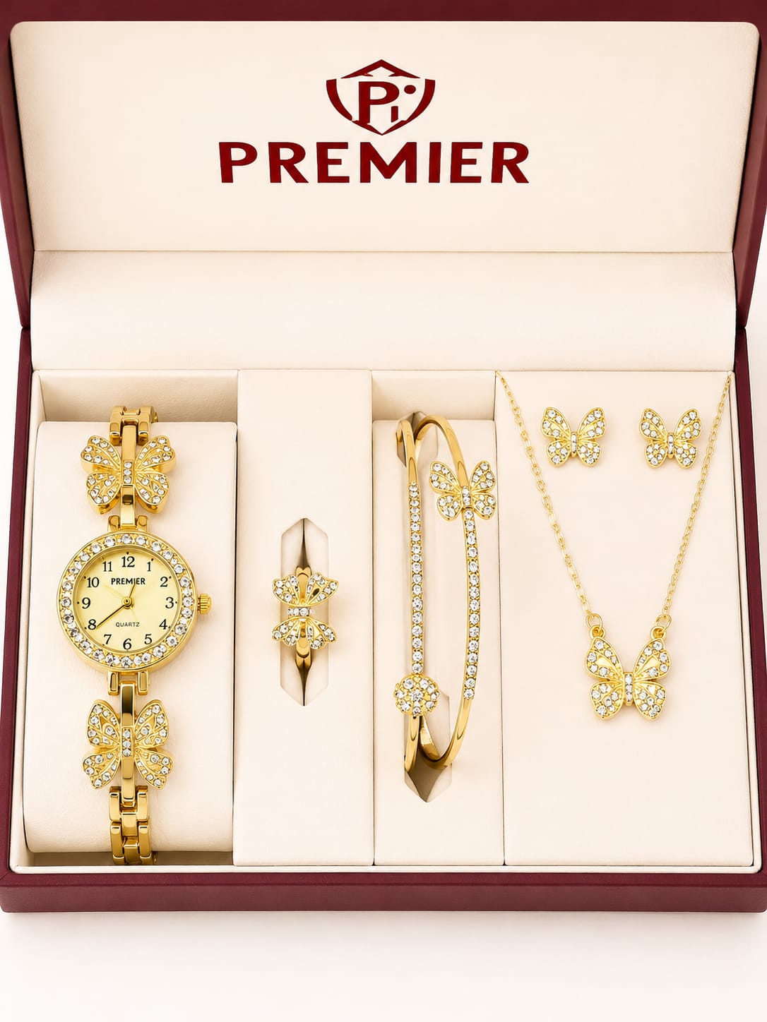 Premier Gold Butterfly Jewelry Gift Set for Women – Watch, Necklace, Earrings, Bracelet & Ring