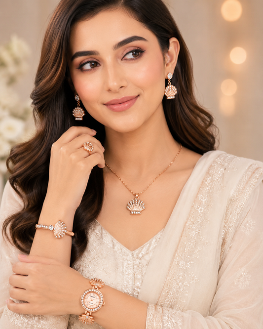 Premier Rose Gold Luxury Jewelry Gift Set for Women – Watch, Necklace, Earrings, Bracelet & Ring