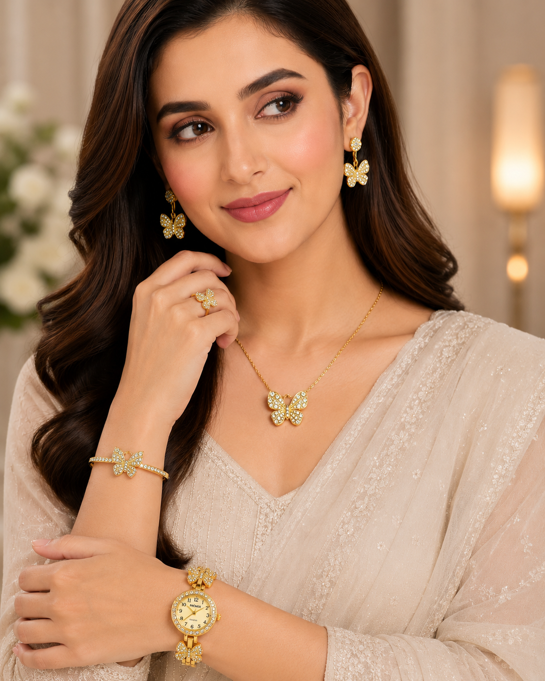 Premier Gold Butterfly Jewelry Gift Set for Women – Watch, Necklace, Earrings, Bracelet & Ring