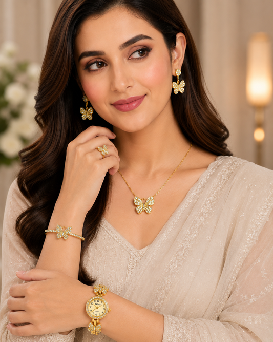 Premier Gold Butterfly Jewelry Gift Set for Women – Watch, Necklace, Earrings, Bracelet & Ring