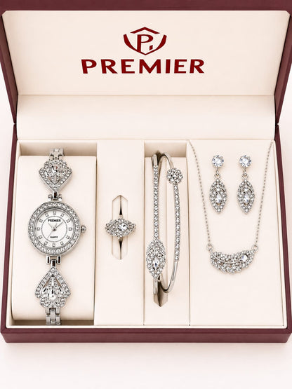 Premier Luxury Women's Watch & Jewelry Gift Set – Silver Crystal Watch, Bracelet, Ring, Necklace & Earrings Set