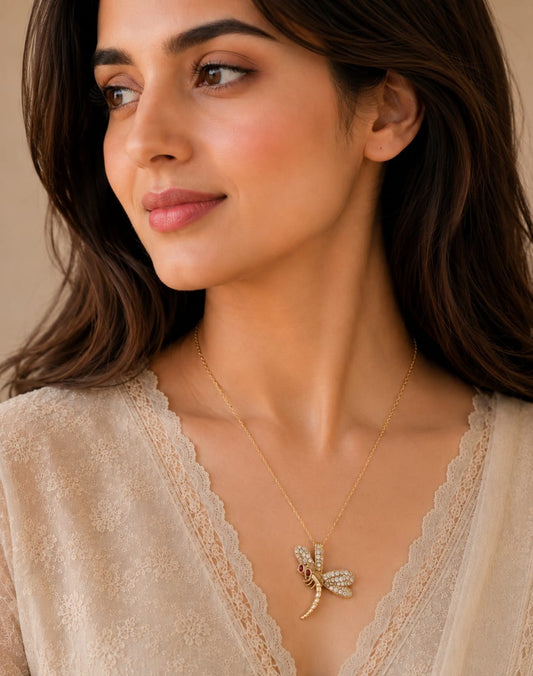 Dragonfly Crystal Pendant Necklace for Women | Gold Plated