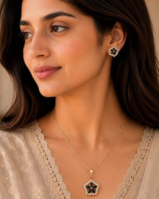 Black Floral Crystal Pendant Necklace Set for Women | Gold Plated