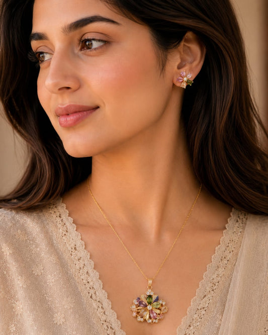 Floral Crystal Pendant Necklace & Earrings Set for Women | Gold Plated