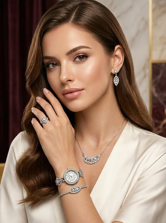 Premier Luxury Women's Watch & Jewelry Gift Set – Silver Crystal Watch, Bracelet, Ring, Necklace & Earrings Set