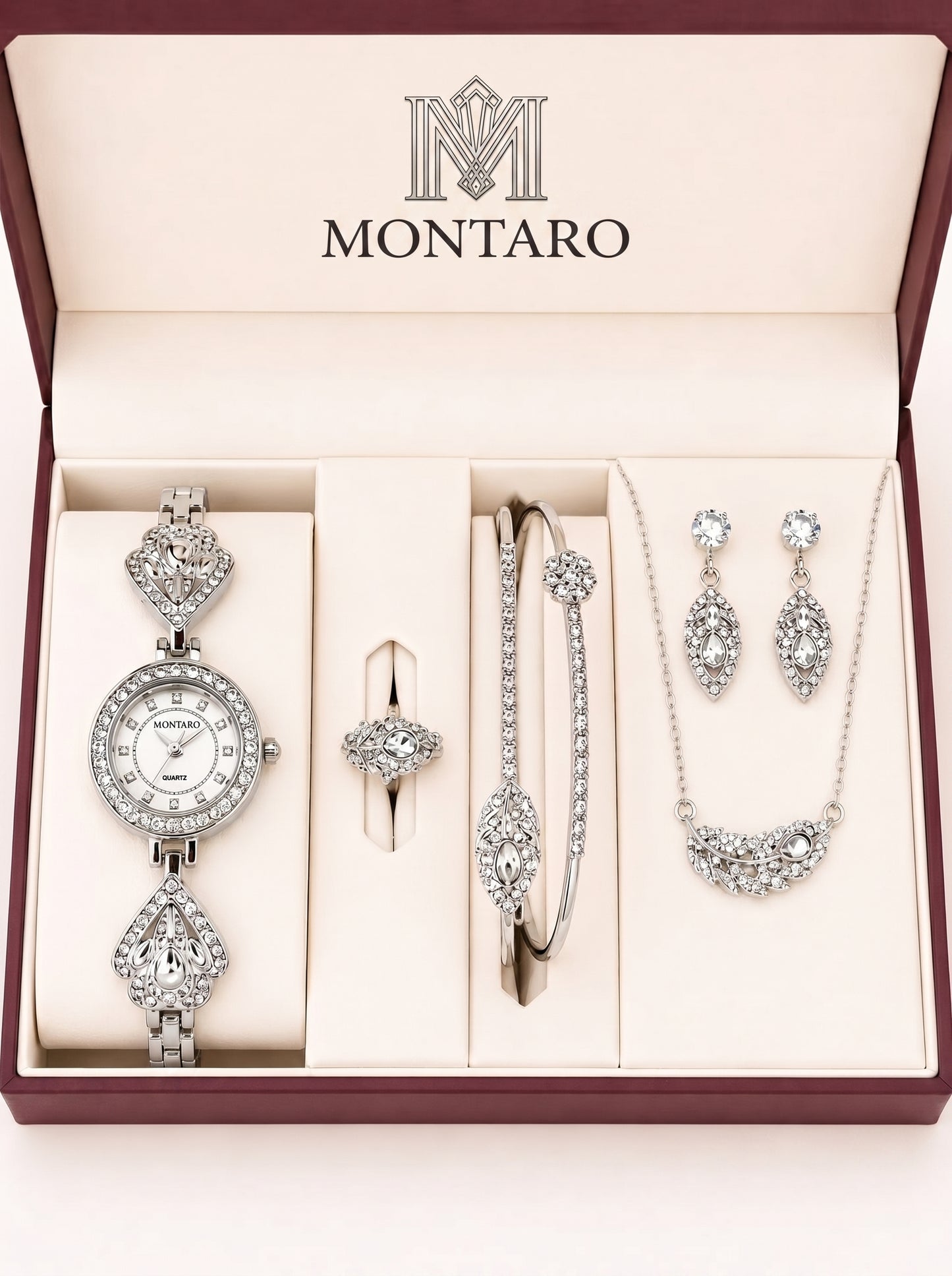 Premier Luxury Women's Watch & Jewelry Gift Set – Silver Crystal Watch, Bracelet, Ring, Necklace & Earrings Set